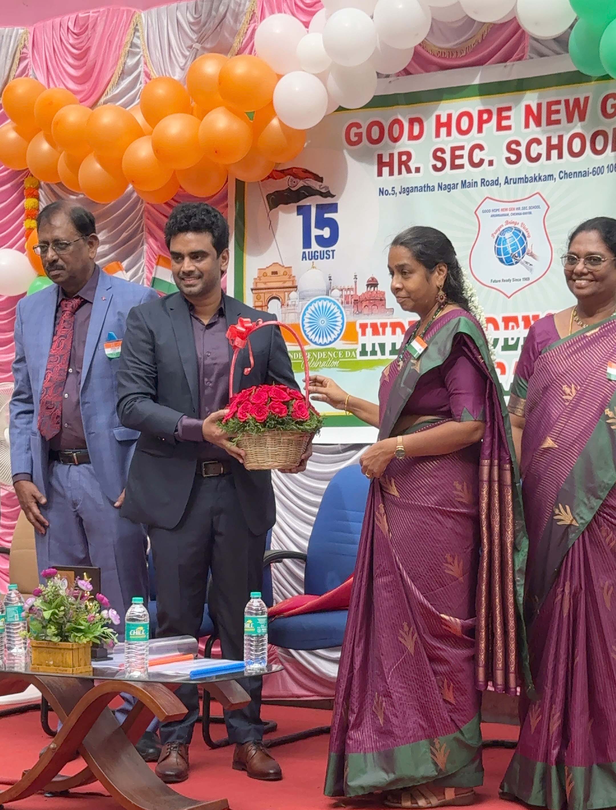 Kalyan Raj Bandaru with school leaders and a student at the 80th Independence Day celebration