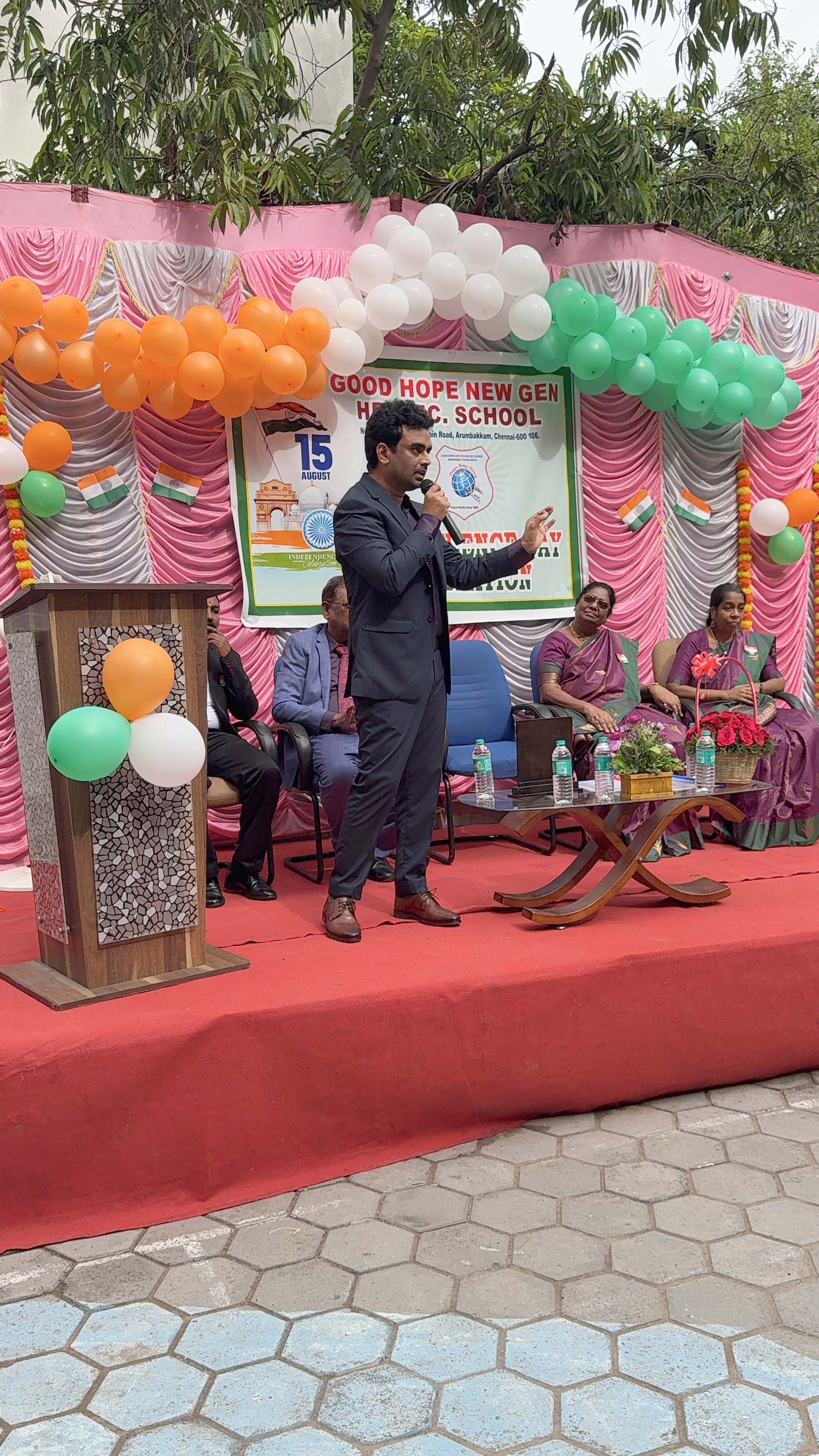 Kalyan Raj Bandaru with school leaders and a student at the 80th Independence Day celebration