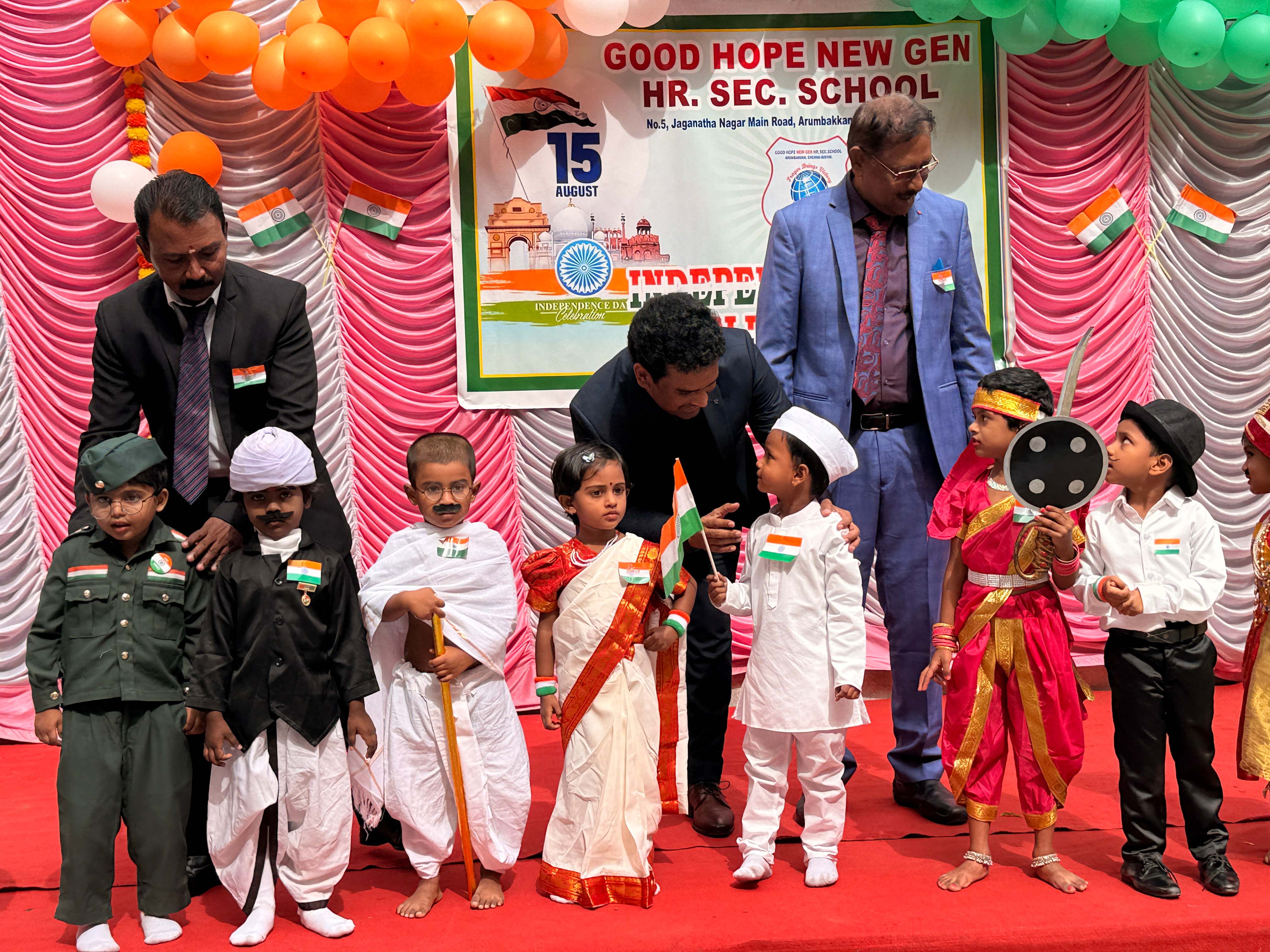 Kalyan Raj Bandaru with school leaders and a student at the 80th Independence Day celebration