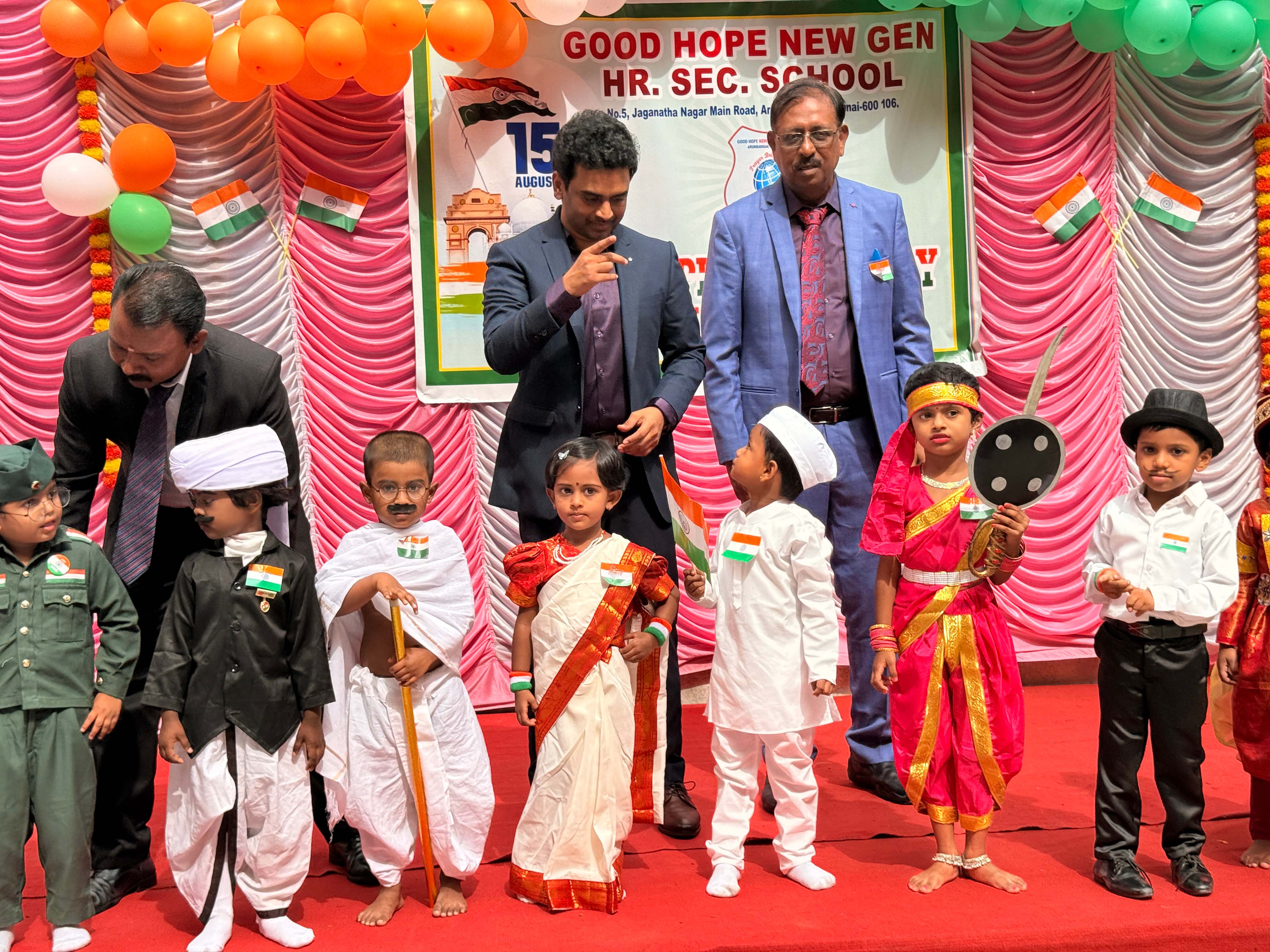 Kalyan Raj Bandaru with school leaders and a student at the 80th Independence Day celebration