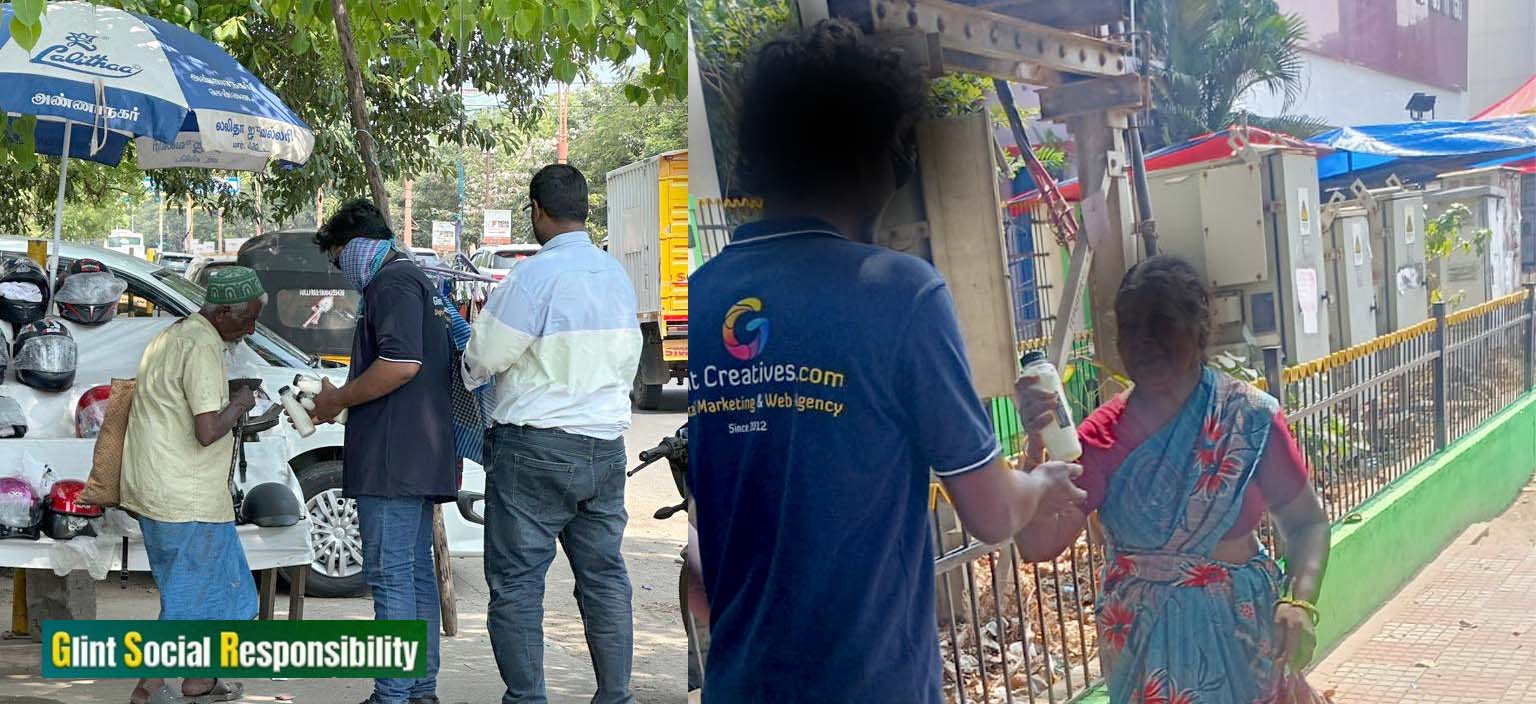 Glint Creatives team distributing buttermilk as part of their April 2026 CSR Summer Relief 
          Campaign in Chennai